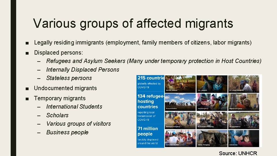 Various groups of affected migrants ■ Legally residing immigrants (employment, family members of citizens, Various groups of affected migrants ■ Legally residing immigrants (employment, family members of citizens,