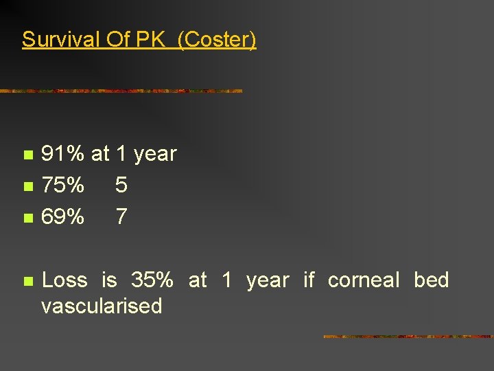 Survival Of PK (Coster) n n 91% at 1 year 75% 5 69% 7