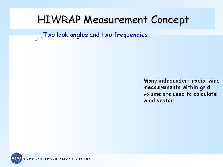 HIWRAP Measurement Concept Two look angles and two frequencies Many independent radial wind measurements