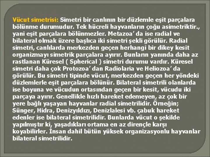 Vücut simetrisi: Simetri bir canlının bir düzlemle eşit parçalara bölünme durumudur. Tek hücreli hayvanların