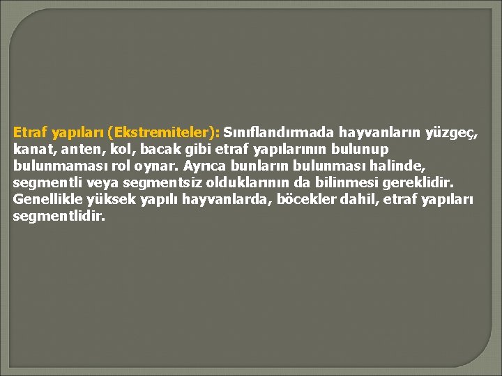 Etraf yapıları (Ekstremiteler): Sınıflandırmada hayvanların yüzgeç, kanat, anten, kol, bacak gibi etraf yapılarının bulunup