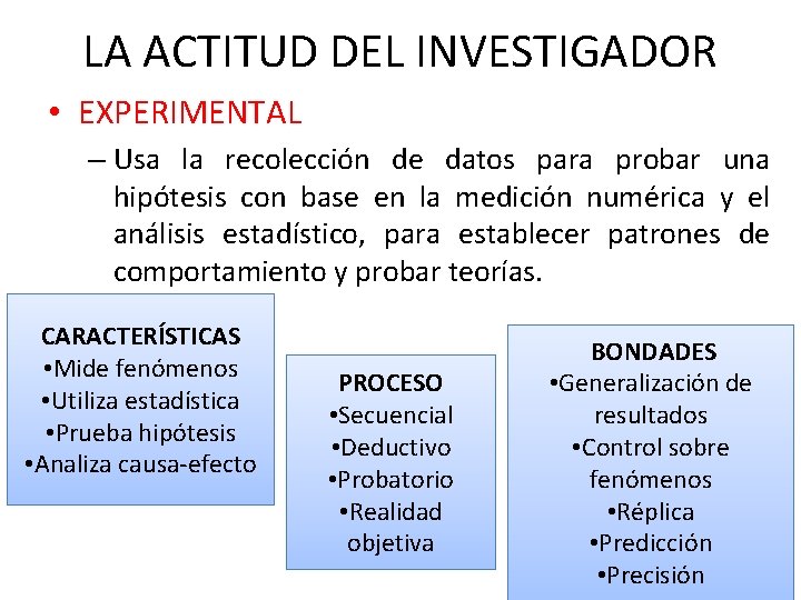 LA ACTITUD DEL INVESTIGADOR • EXPERIMENTAL – Usa la recolección de datos para probar LA ACTITUD DEL INVESTIGADOR • EXPERIMENTAL – Usa la recolección de datos para probar