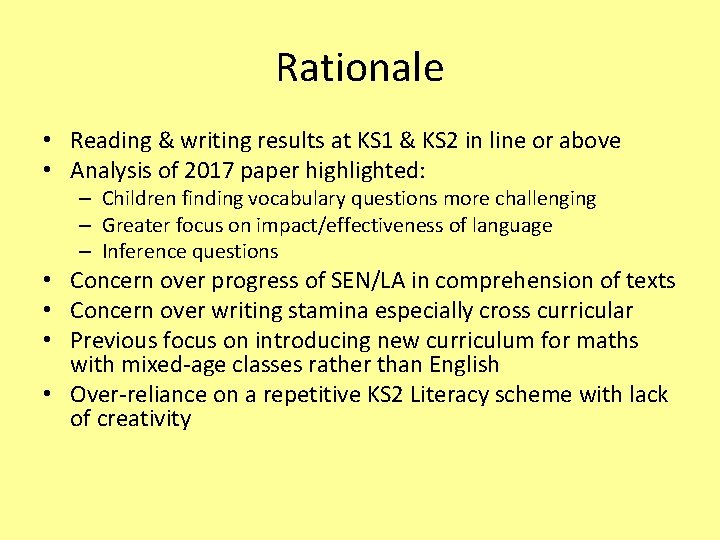 Rationale • Reading & writing results at KS 1 & KS 2 in line Rationale • Reading & writing results at KS 1 & KS 2 in line