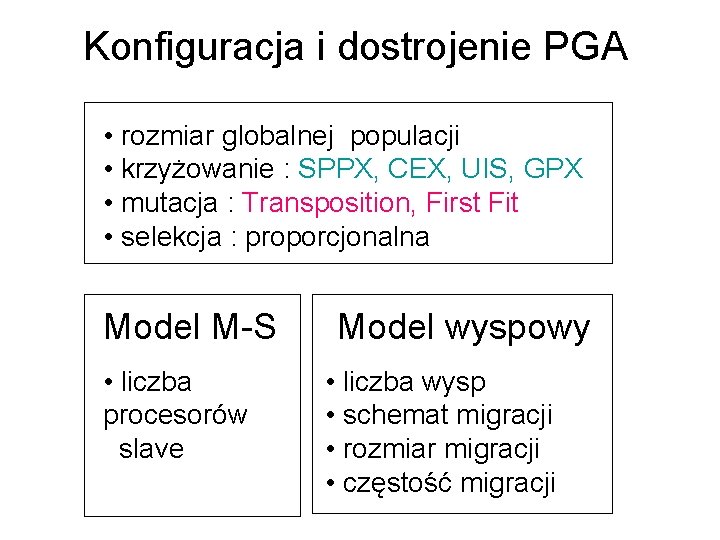 Konfiguracja i dostrojenie PGA • rozmiar globalnej populacji • krzyżowanie : SPPX, CEX, UIS,