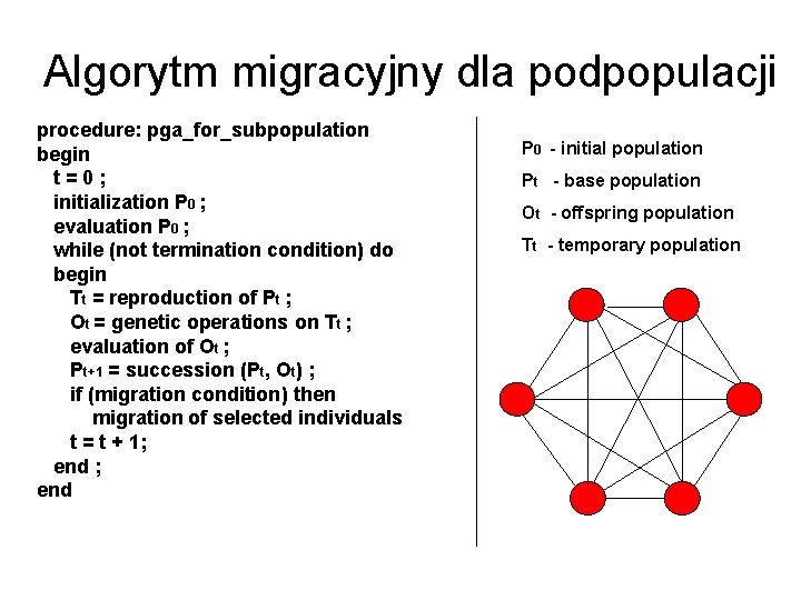 Algorytm migracyjny dla podpopulacji procedure: pga_for_subpopulation begin t=0; initialization P 0 ; evaluation P