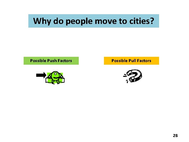 Why do people move to cities? Possible Push Factors Possible Pull Factors 28 