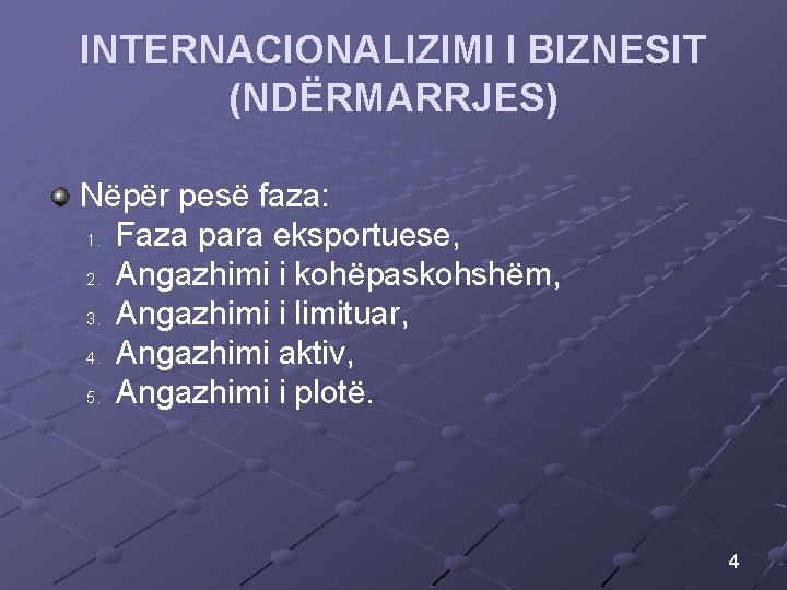 INTERNACIONALIZIMI I BIZNESIT (NDËRMARRJES) Nëpër pesë faza: 1. Faza para eksportuese, 2. Angazhimi i