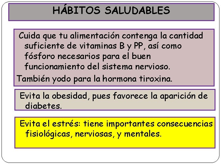 HÁBITOS SALUDABLES Cuida que tu alimentación contenga la cantidad suficiente de vitaminas B y