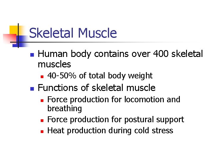 Skeletal Muscle n Human body contains over 400 skeletal muscles n n 40 -50%