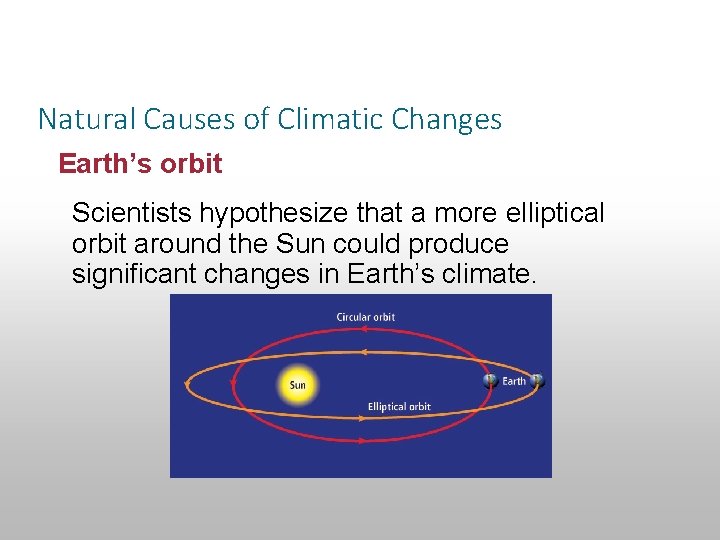 Section 14. 3 Climatic Changes Natural Causes of Climatic Changes Earth’s orbit Scientists hypothesize
