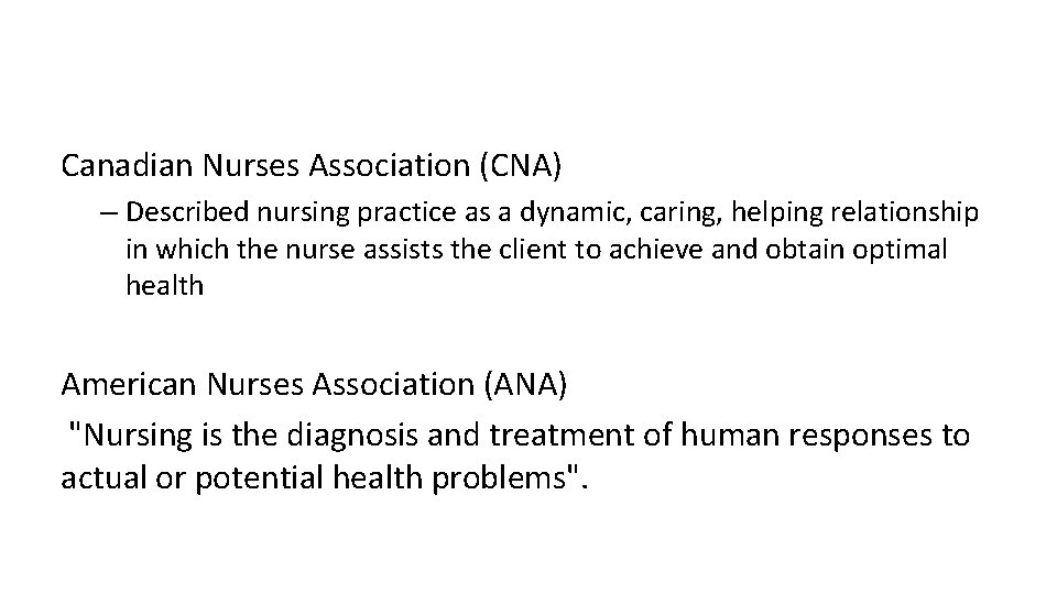 Canadian Nurses Association (CNA) – Described nursing practice as a dynamic, caring, helping relationship