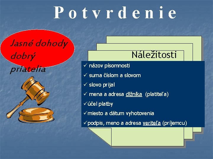 Potvrdenie Jasné dohody dobrý priatelia Náležitosti ü názov písomnosti ü suma číslom a slovom