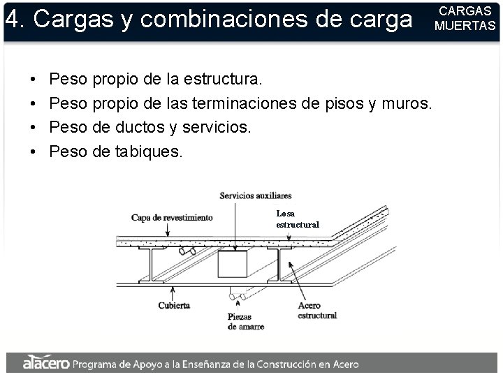 4. Cargas y combinaciones de carga • • Peso propio de la estructura. Peso