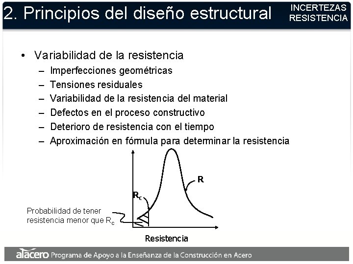 2. Principios del diseño estructural INCERTEZAS RESISTENCIA • Variabilidad de la resistencia – –