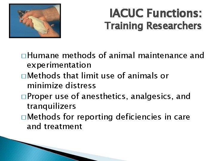IACUC Functions: Training Researchers � Humane methods of animal maintenance and experimentation � Methods