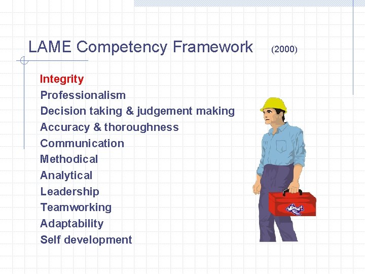 LAME Competency Framework Integrity Professionalism Decision taking & judgement making Accuracy & thoroughness Communication