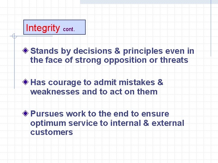 Integrity cont. Stands by decisions & principles even in the face of strong opposition