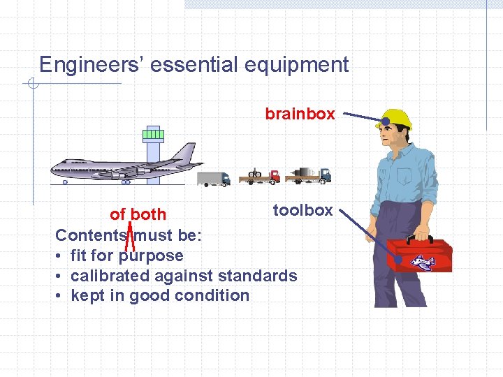 Engineers’ essential equipment brainbox toolbox of both Contents must be: • fit for purpose