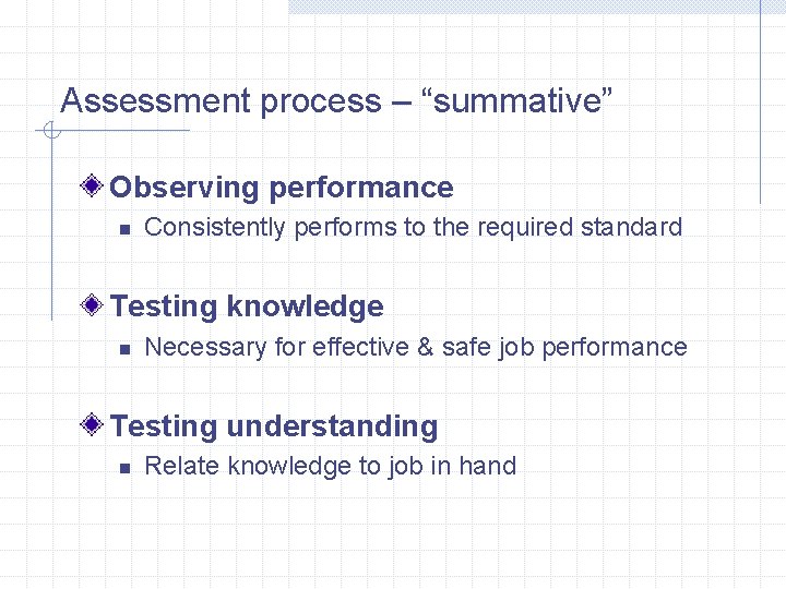 Assessment process – “summative” Observing performance n Consistently performs to the required standard Testing