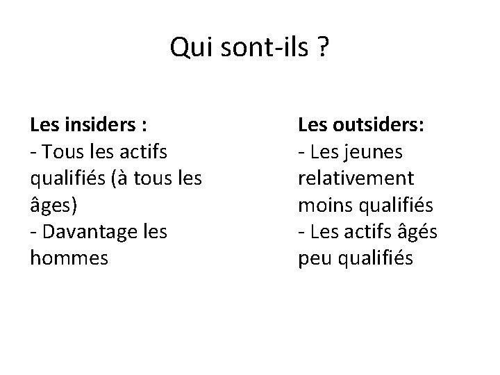 Qui sont-ils ? Les insiders : - Tous les actifs qualifiés (à tous les