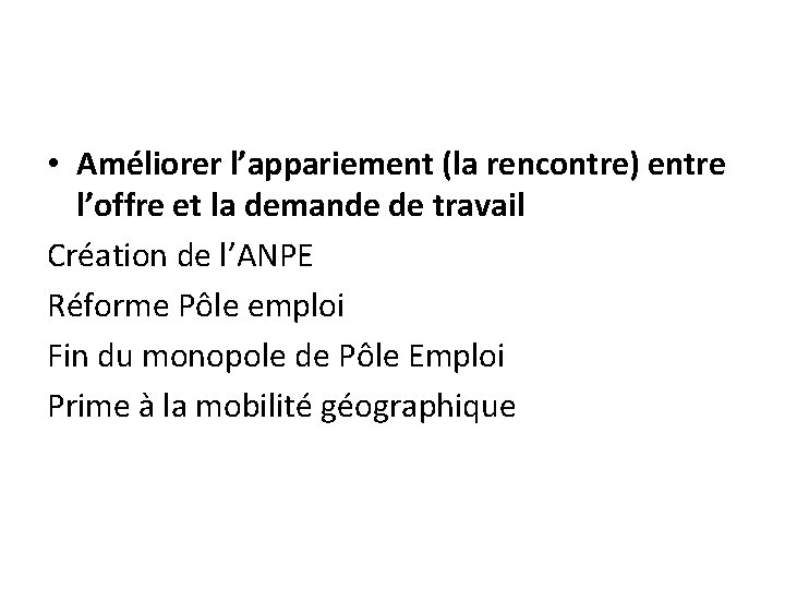  • Améliorer l’appariement (la rencontre) entre l’offre et la demande de travail Création