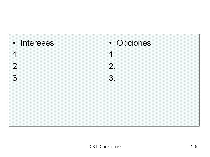• Intereses 1. 2. 3. • Opciones 1. 2. 3. D & L • Intereses 1. 2. 3. • Opciones 1. 2. 3. D & L