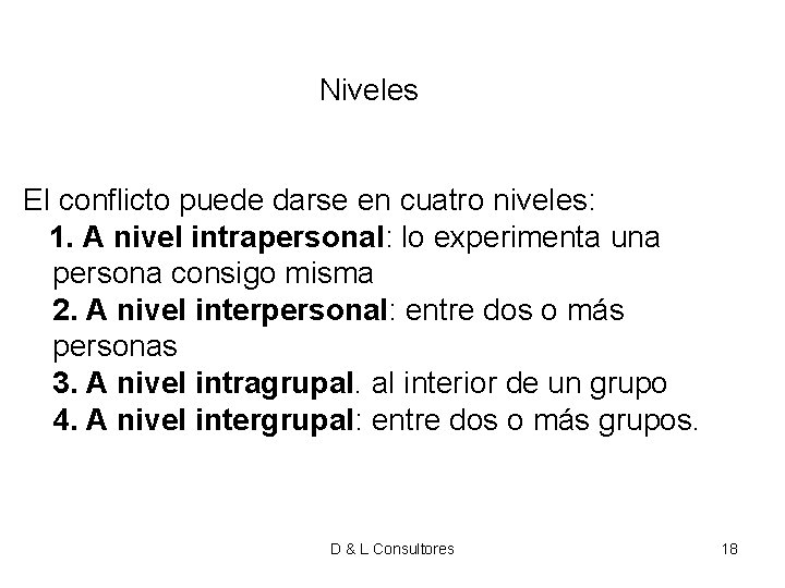 Niveles El conflicto puede darse en cuatro niveles: 1. A nivel intrapersonal: lo Niveles El conflicto puede darse en cuatro niveles: 1. A nivel intrapersonal: lo