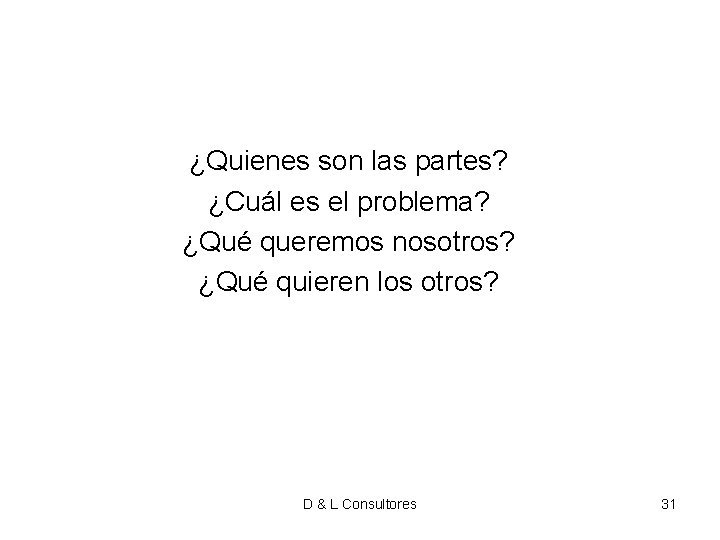¿Quienes son las partes? ¿Cuál es el problema? ¿Qué queremos nosotros? ¿Qué quieren los ¿Quienes son las partes? ¿Cuál es el problema? ¿Qué queremos nosotros? ¿Qué quieren los
