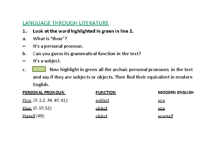 LANGUAGE THROUGH LITERATURE 1. a. – b. – Look at the word highlighted in