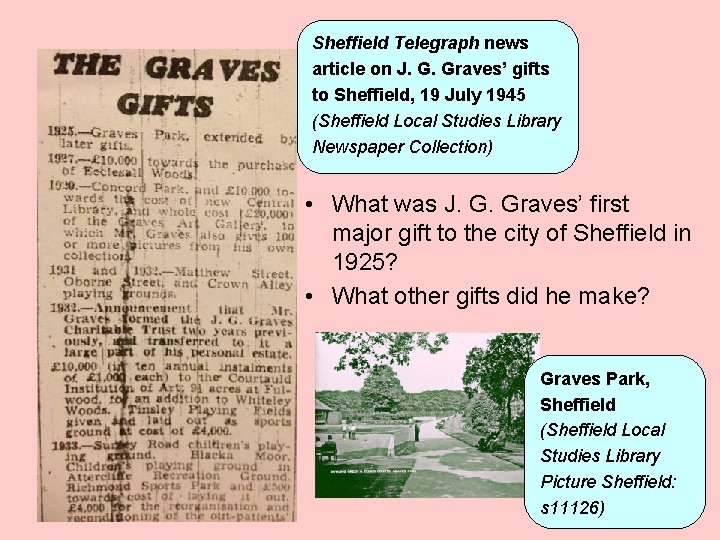 Sheffield Telegraph news article on J. G. Graves’ gifts to Sheffield, 19 July 1945