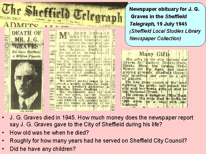 Newspaper obituary for J. G. Graves in the Sheffield Telegraph, 19 July 1945 (Sheffield