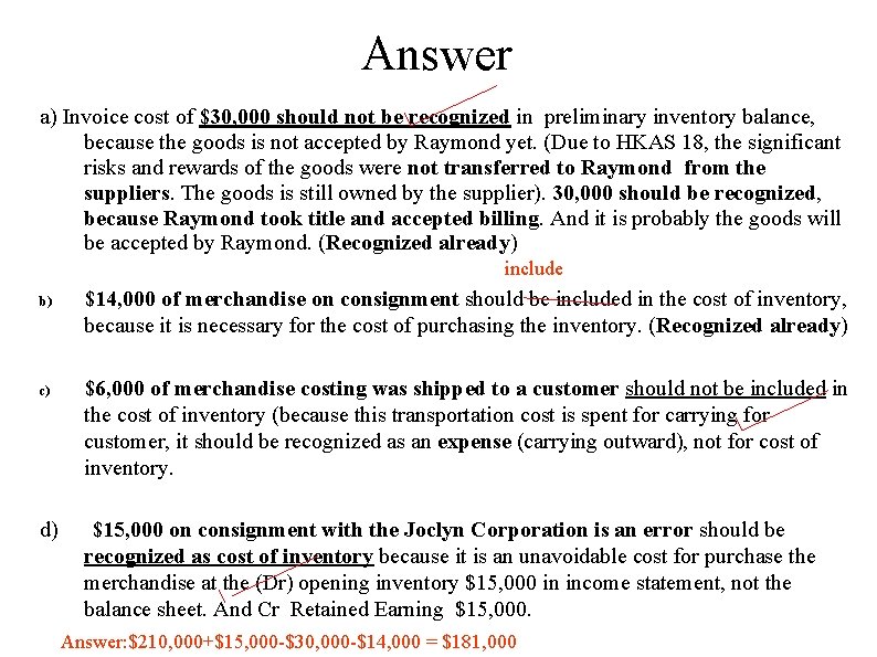 Answer a) Invoice cost of $30, 000 should not be recognized in preliminary inventory Answer a) Invoice cost of $30, 000 should not be recognized in preliminary inventory