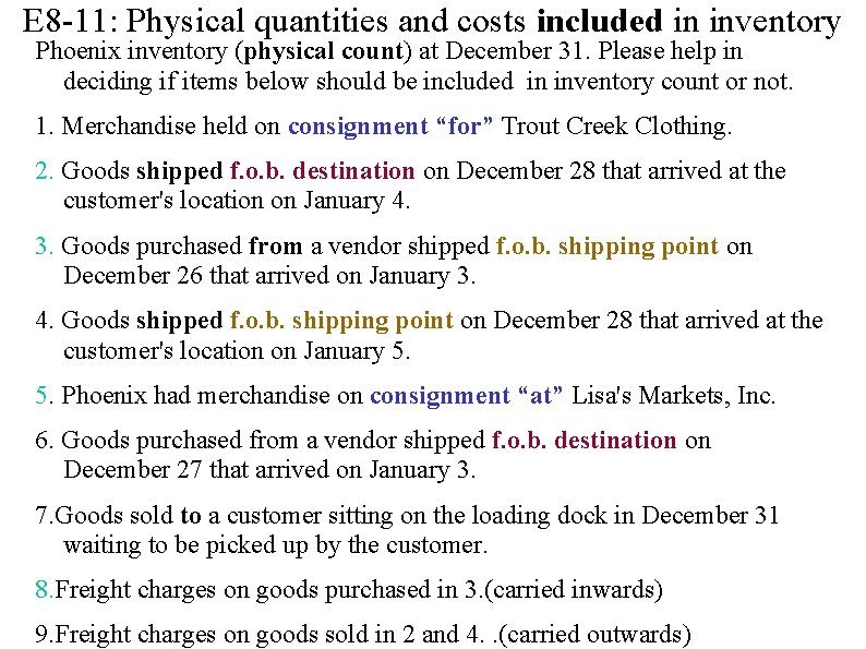 E 8 -11: Physical quantities and costs included in inventory Phoenix inventory (physical count) E 8 -11: Physical quantities and costs included in inventory Phoenix inventory (physical count)