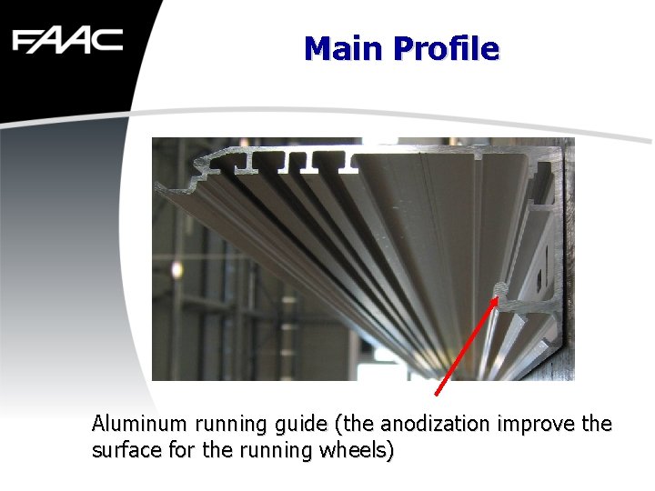 Main Profile Aluminum running guide (the anodization improve the surface for the running wheels)