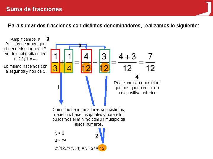 Suma de fracciones Para sumar dos fracciones con distintos denominadores, realizamos lo siguiente: Amplificamos