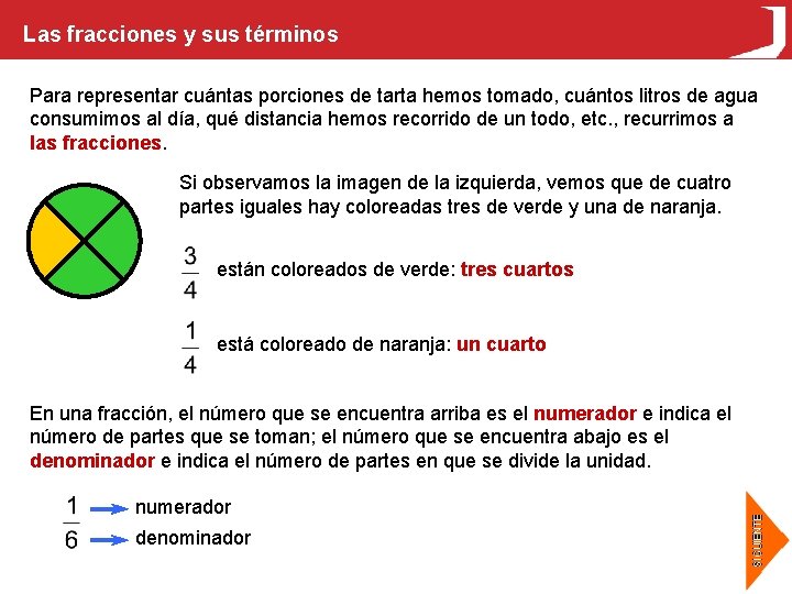 Las fracciones y sus términos Para representar cuántas porciones de tarta hemos tomado, cuántos