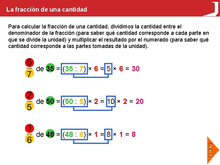 La fracción de una cantidad Para calcular la fracción de una cantidad, dividimos la