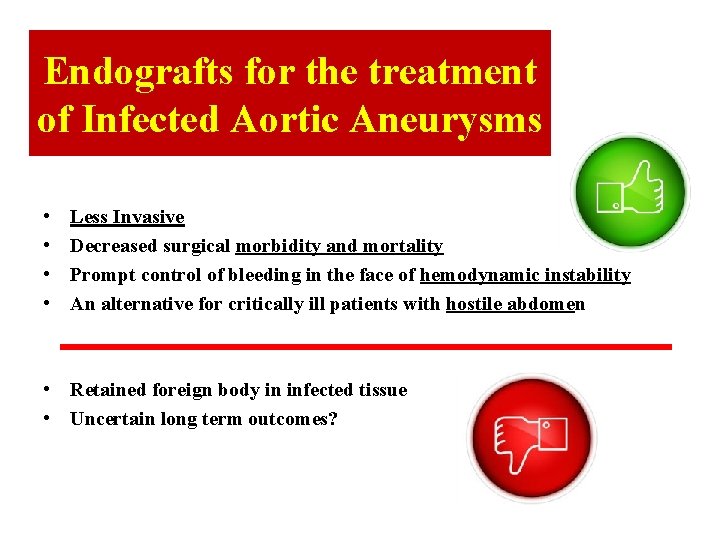 Endografts for the treatment of Infected Aortic Aneurysms • • Less Invasive Decreased surgical