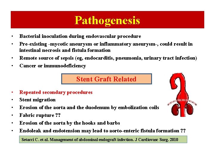 Pathogenesis • • Bacterial inoculation during endovascular procedure Pre-existing -mycotic aneurysm or inflammatory aneurysm-,