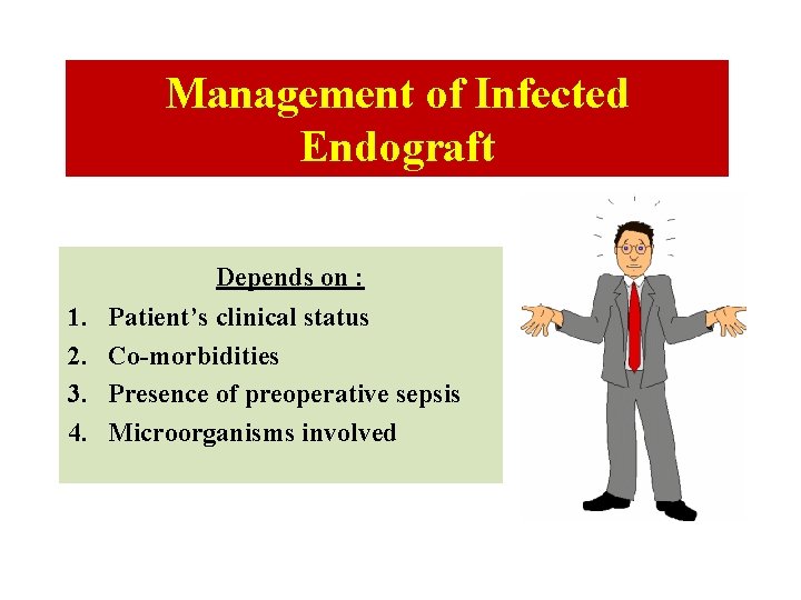 Management of Infected Endograft Depends on : 1. 2. 3. 4. Patient’s clinical status