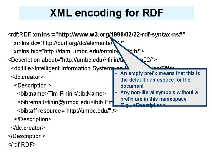 XML encoding for RDF <rdf: RDF xmlns: ="http: //www. w 3. org/1999/02/22 -rdf-syntax-ns#" xmlns:
