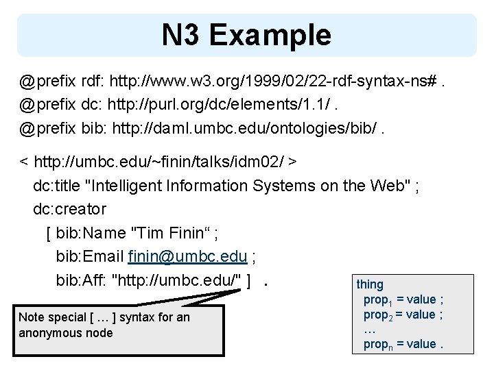 N 3 Example @prefix rdf: http: //www. w 3. org/1999/02/22 -rdf-syntax-ns#. @prefix dc: http: