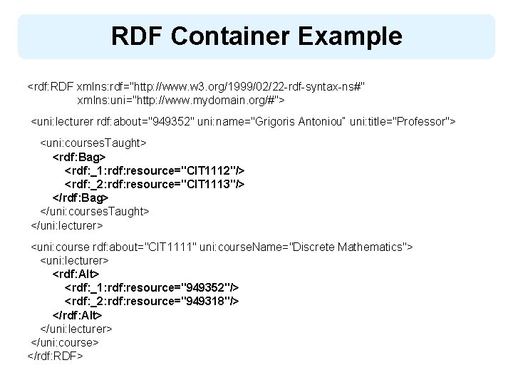 RDF Container Example <rdf: RDF xmlns: rdf="http: //www. w 3. org/1999/02/22 -rdf-syntax-ns#" xmlns: uni="http: