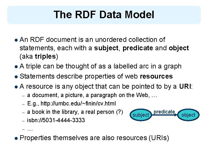 The RDF Data Model l An RDF document is an unordered collection of statements,