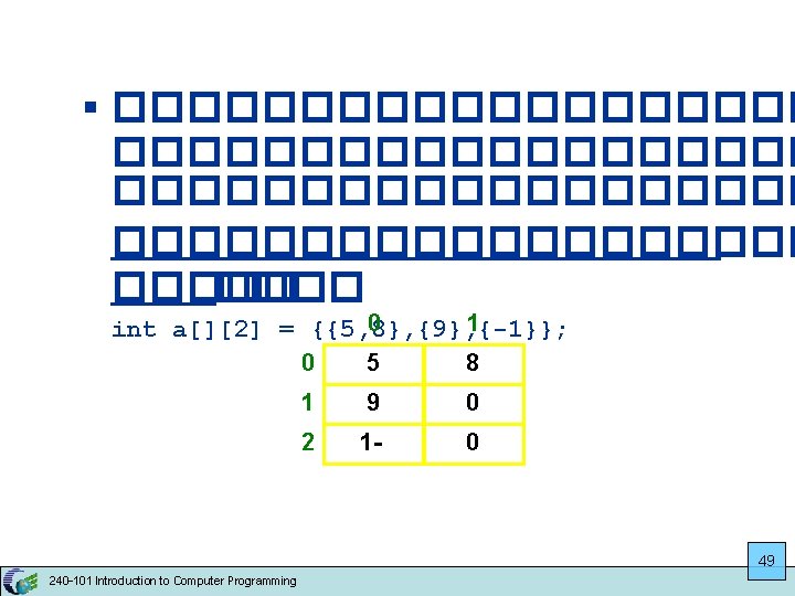 § ������������������� ����� 0 1 int a[][2] = {{5, 8}, {9}, {-1}}; 0 5