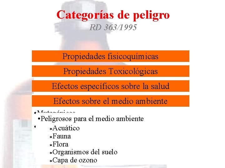 Categorías de peligro RD 363/1995 Propiedades fisicoquímicas • Explosivos Propiedades Toxicológicas • Comburentes Muy.