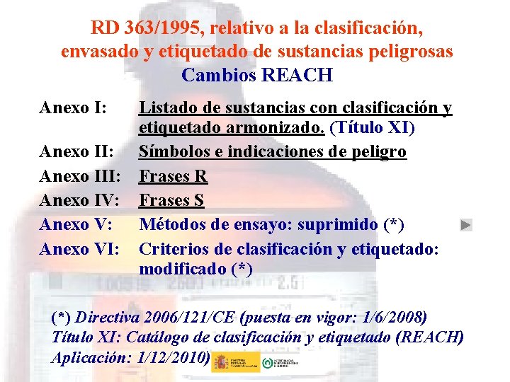 RD 363/1995, relativo a la clasificación, envasado y etiquetado de sustancias peligrosas Cambios REACH