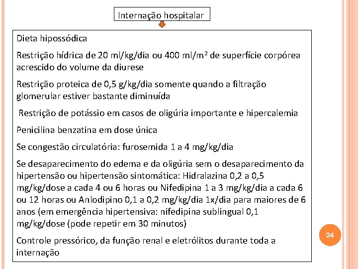 Internação hospitalar Dieta hipossódica Restrição hídrica de 20 ml/kg/dia ou 400 ml/m 2 de