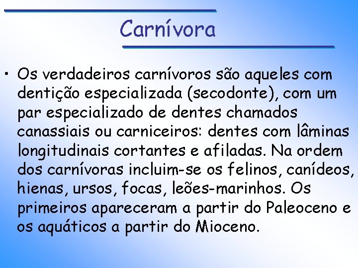 Carnívora • Os verdadeiros carnívoros são aqueles com dentição especializada (secodonte), com um par