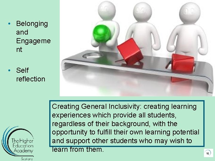  • Belonging and Engageme nt • Self reflection Creating General Inclusivity: creating learning